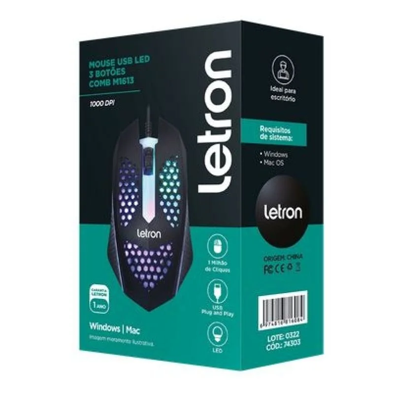 Imagem 2 de 3 do produto Mouse Letron USB, Gamer Led, RGB, 3 Botoes 1000 Dpi, Preto