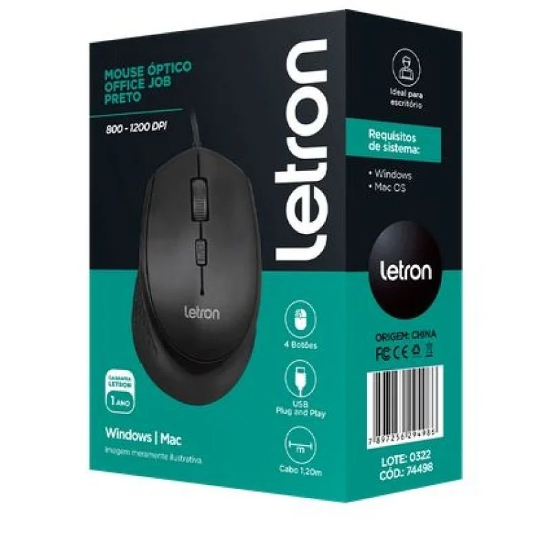 Imagem 2 de 3 do produto Mouse Letron USB,Office Job, Preto, 4d Ergonomico