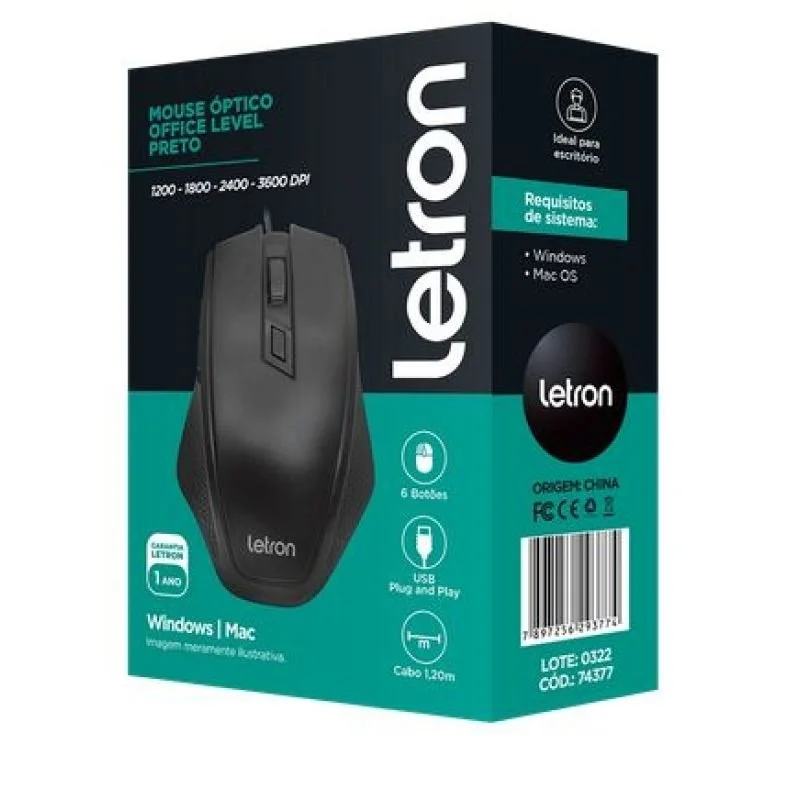 Imagem 2 de 3 do produto Mouse Letron USB,Optico Office Level, Preto, Ergonomico 6d