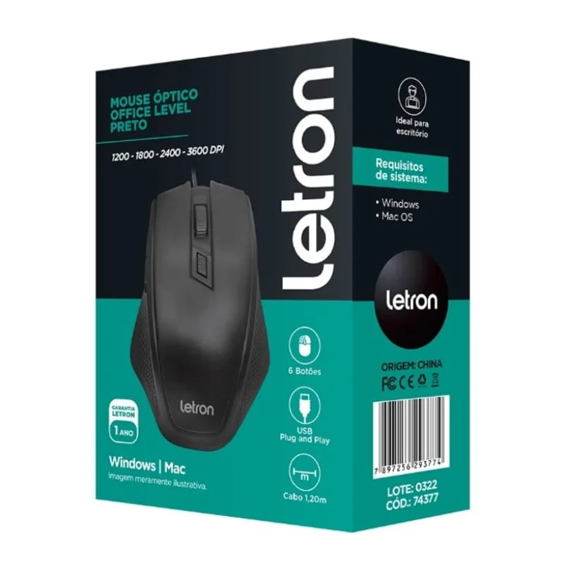 Imagem 3 de 3 do produto Mouse Letron USB,Optico Office Level, Preto, Ergonomico 6d