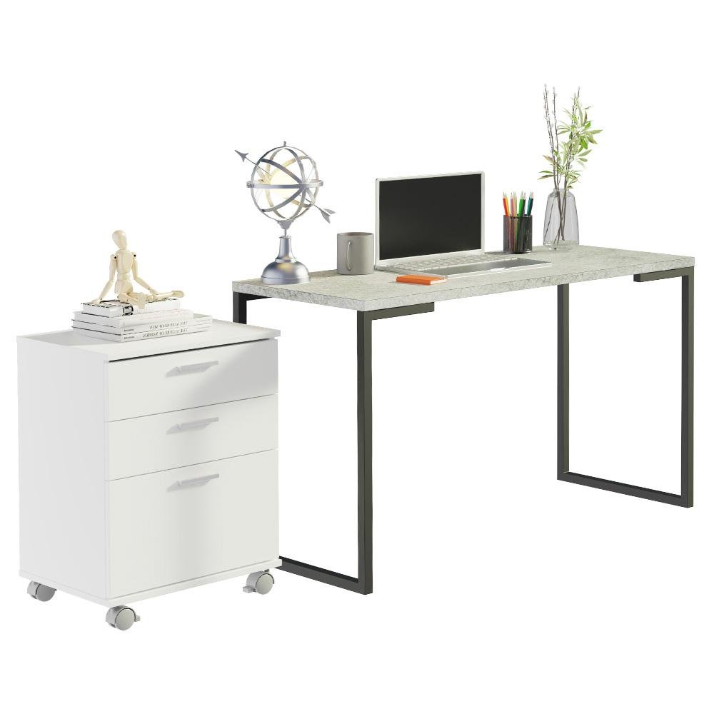 Conjunto Escritório Home Office Com Mesa Industrial + Gaveteiro Branco/Cinza - Madesa