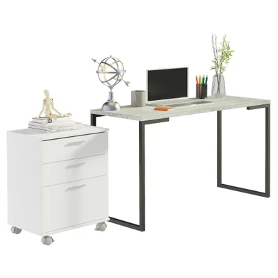 Conjunto Escritório Home Office Com Mesa Industrial + Gaveteiro Branco/Cinza - Madesa