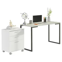 Conjunto Escritório Home Office Com Mesa Industrial + Gaveteiro Branco/Cinza - Madesa