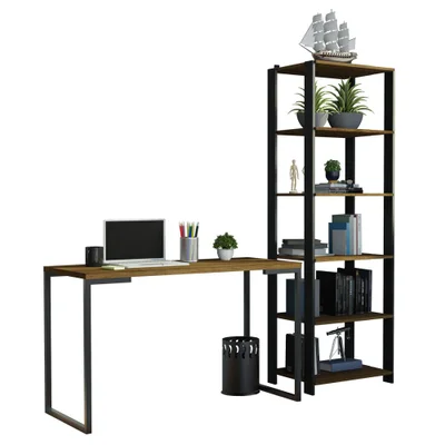 Conjunto Escritório Home Office Com Mesa Industrial + Estante Preto/Rustic - Madesa