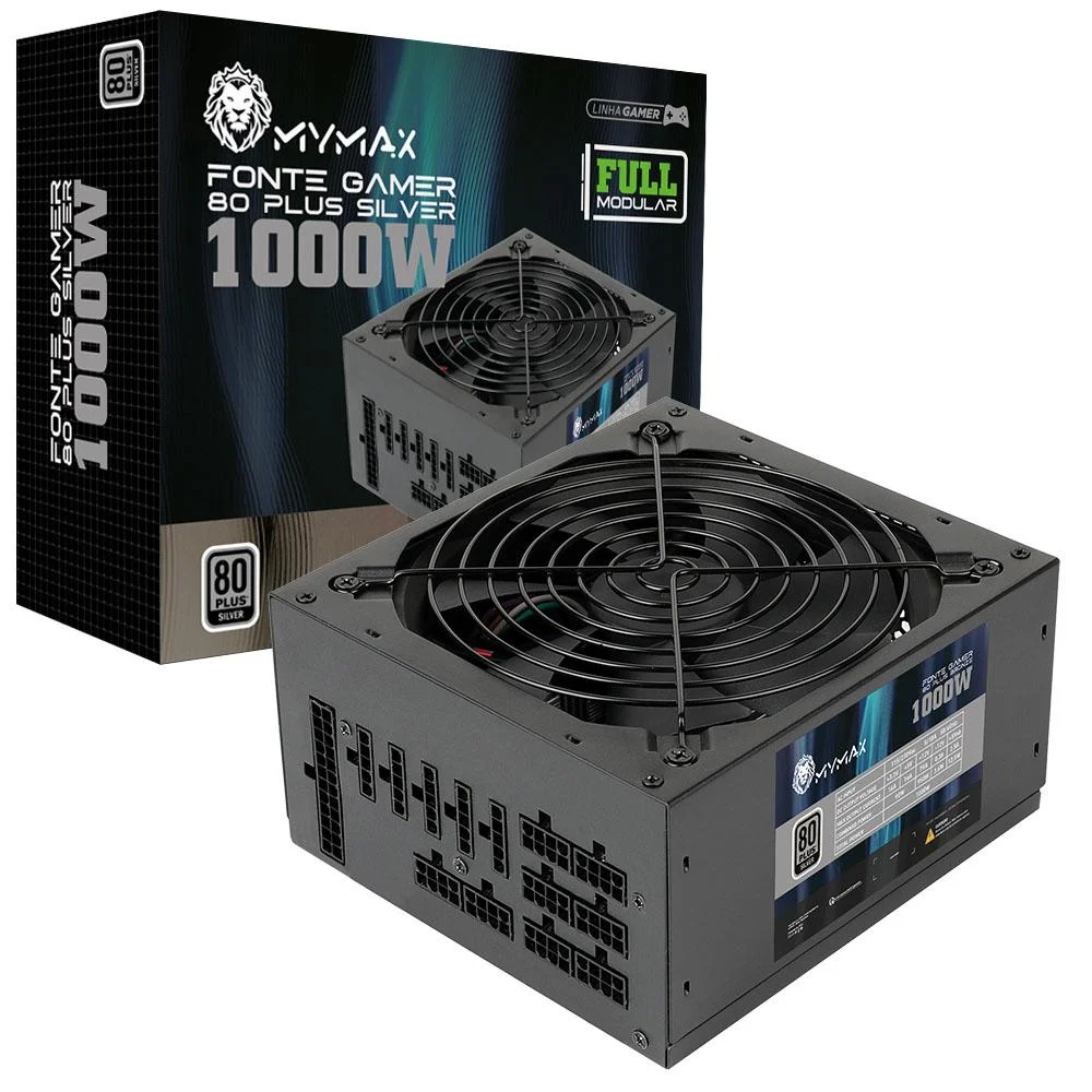 Imagem 2 de 5 do produto Fonte ATX Mymax 1000W, 80 Plus Silver, Pfc Ativo, Modular - Mpsu/fp1000w