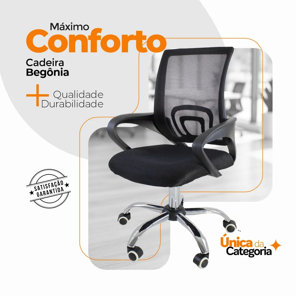Kit 6 Cadeiras De Escritório Begonia, Tela Mesh, Ergonômica - Preto