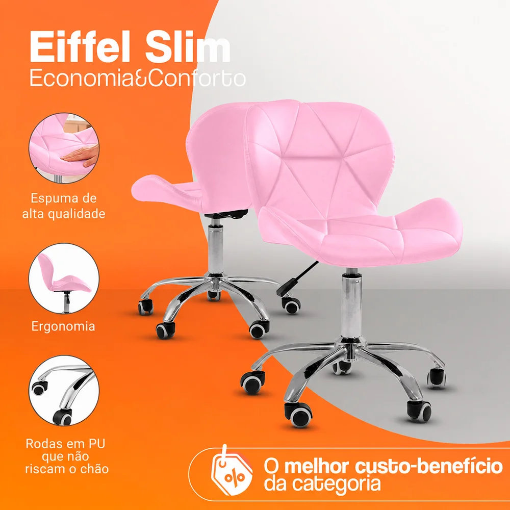 Imagem 3 de 5 do produto Kit 4 Cadeiras Office Eiffel Slim Giratória com Base Cromada, Ajuste de Altura e Revestimento em Couro Sintético Rosa