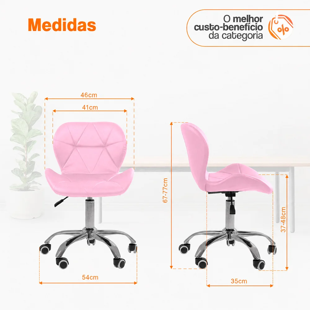 Imagem 5 de 5 do produto Kit 4 Cadeiras Office Eiffel Slim Giratória com Base Cromada, Ajuste de Altura e Revestimento em Couro Sintético Rosa