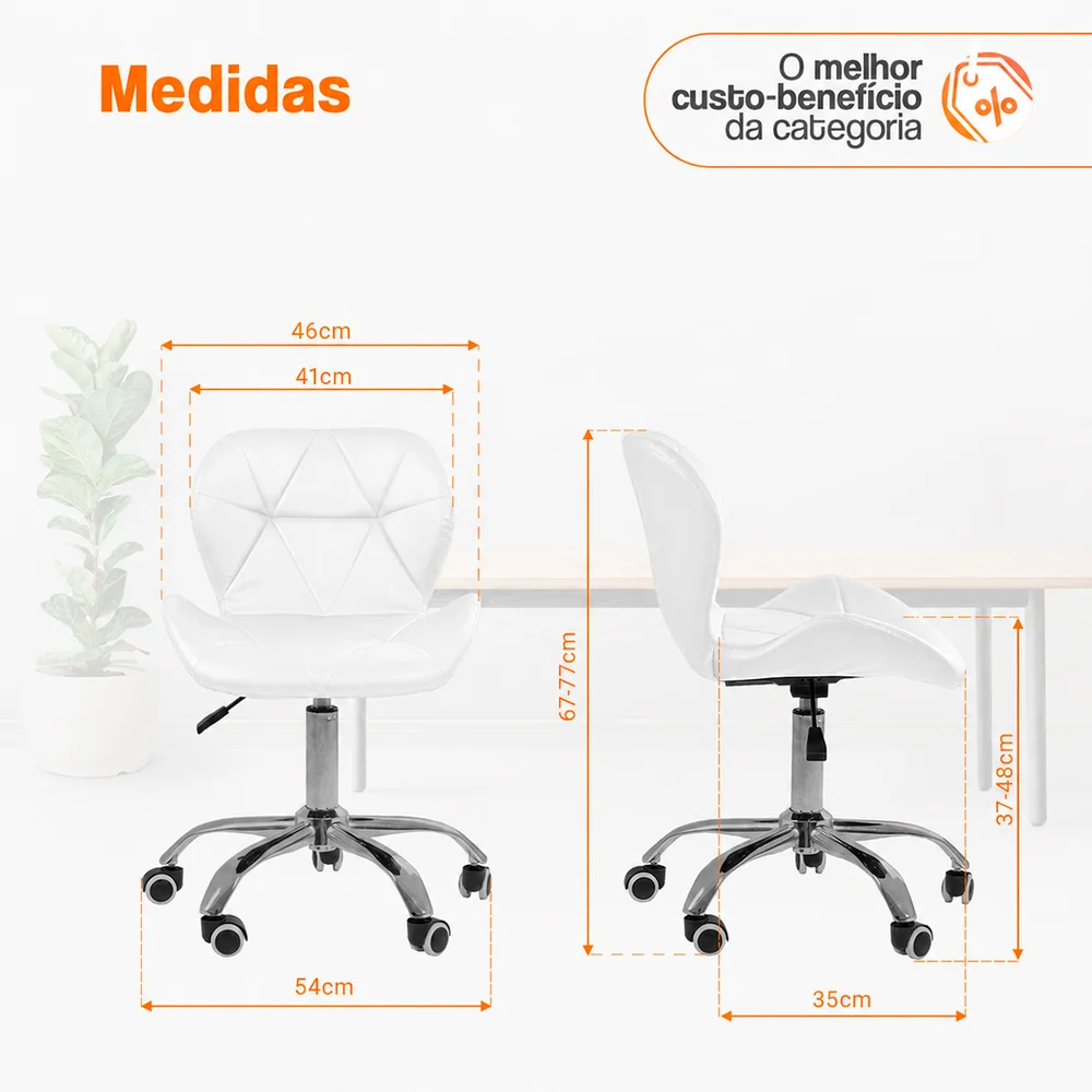 Imagem 3 de 5 do produto Kit 4 Cadeiras Office Eiffel Slim, Ajustável, Base Giratória, Branco - Oficial Webshop
