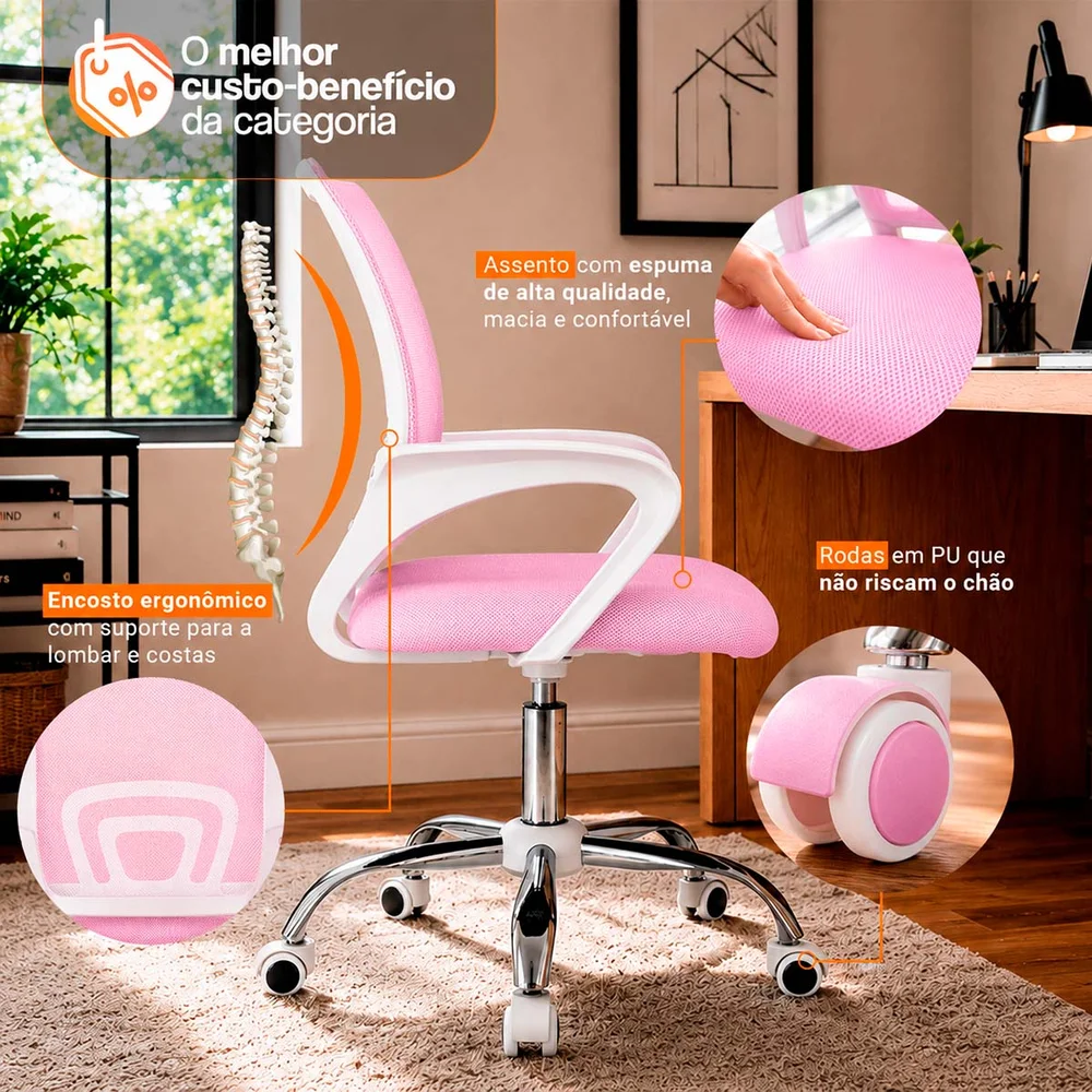 Cadeira De Escritório Oficial Webshop Begonia, Suporta 120Kg, Tela Mesh Ergonômica, Rosa Cadeira De Escritório Oficial Webshop Begonia, Suporta 120Kg, Tela Mesh Ergonômica, Rosa