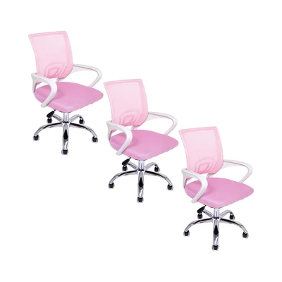 Kit 3 Cadeiras De Escritório Oficial Begonia, Suporta 120Kg, Mesh Ergonômico, Rosa