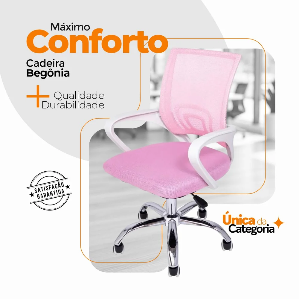 Imagem 4 de 5 do produto Kit 3 Cadeiras De Escritório Oficial Begonia, Suporta 120Kg, Mesh Ergonômico, Rosa