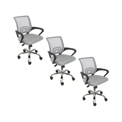 Kit 3 Cadeiras De Escritório Oficial Begonia, Mesh Ergonômico, Cinza