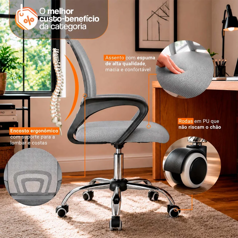 Imagem 3 de 5 do produto Kit 4 Cadeiras De Escritório Oficial Webshop Begonia, Suporta 120 kg, Mesh, Ergonômica, Cinza