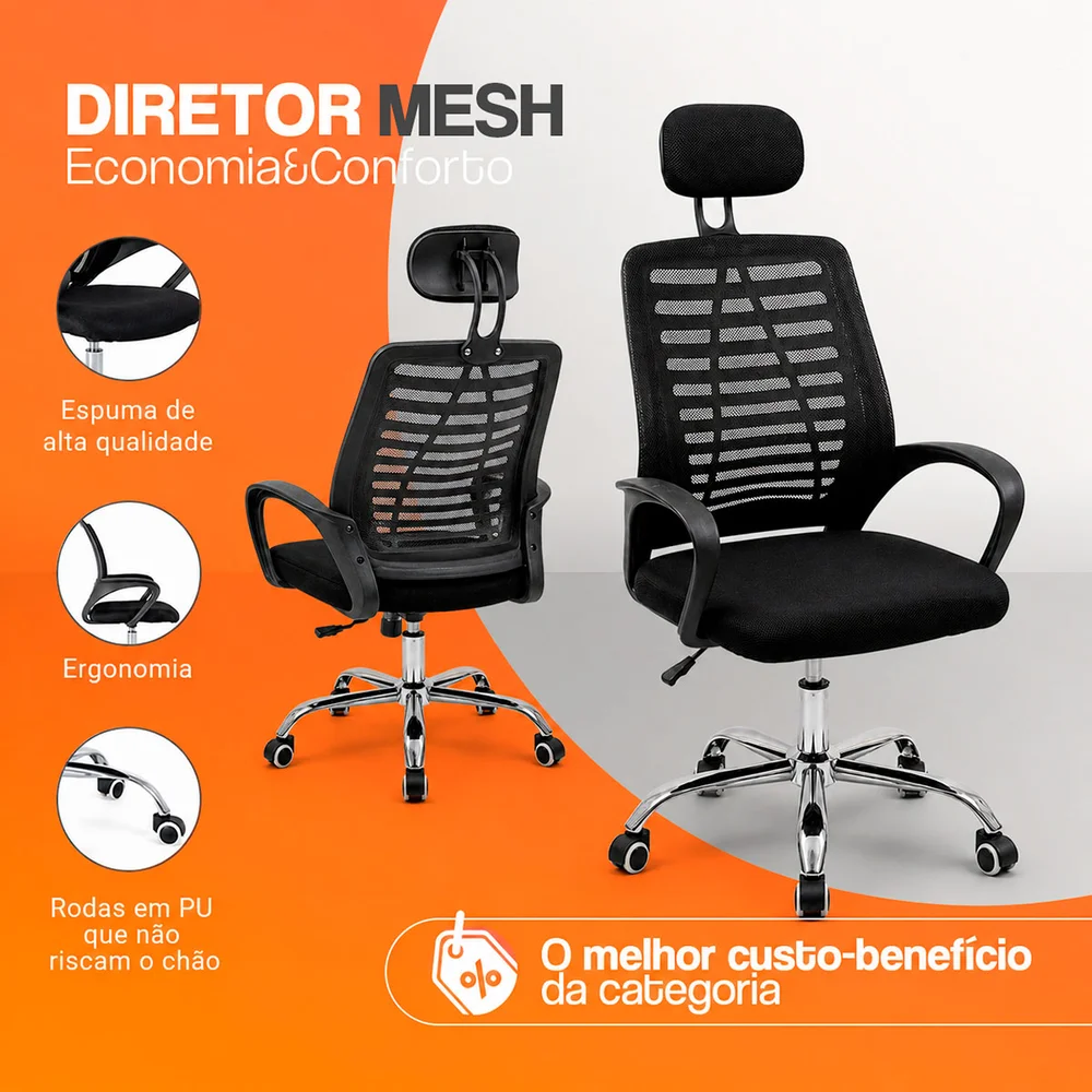 Imagem 3 de 5 do produto Kit 6 Cadeiras Escritório Oficial Webshop Diretor, Suporta 120 kg, Tela Mesh, Encosto De Cabeça