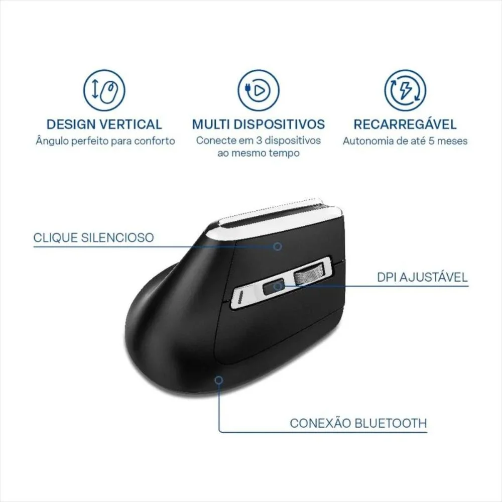 Imagem 4 de 5 do produto Mouse Sem Fio Multi Ms900, Bluetooth E USB, 3200DPI Ajustável, Clique Silencioso,6 Botões, Recarregável, Preto - Mo382.