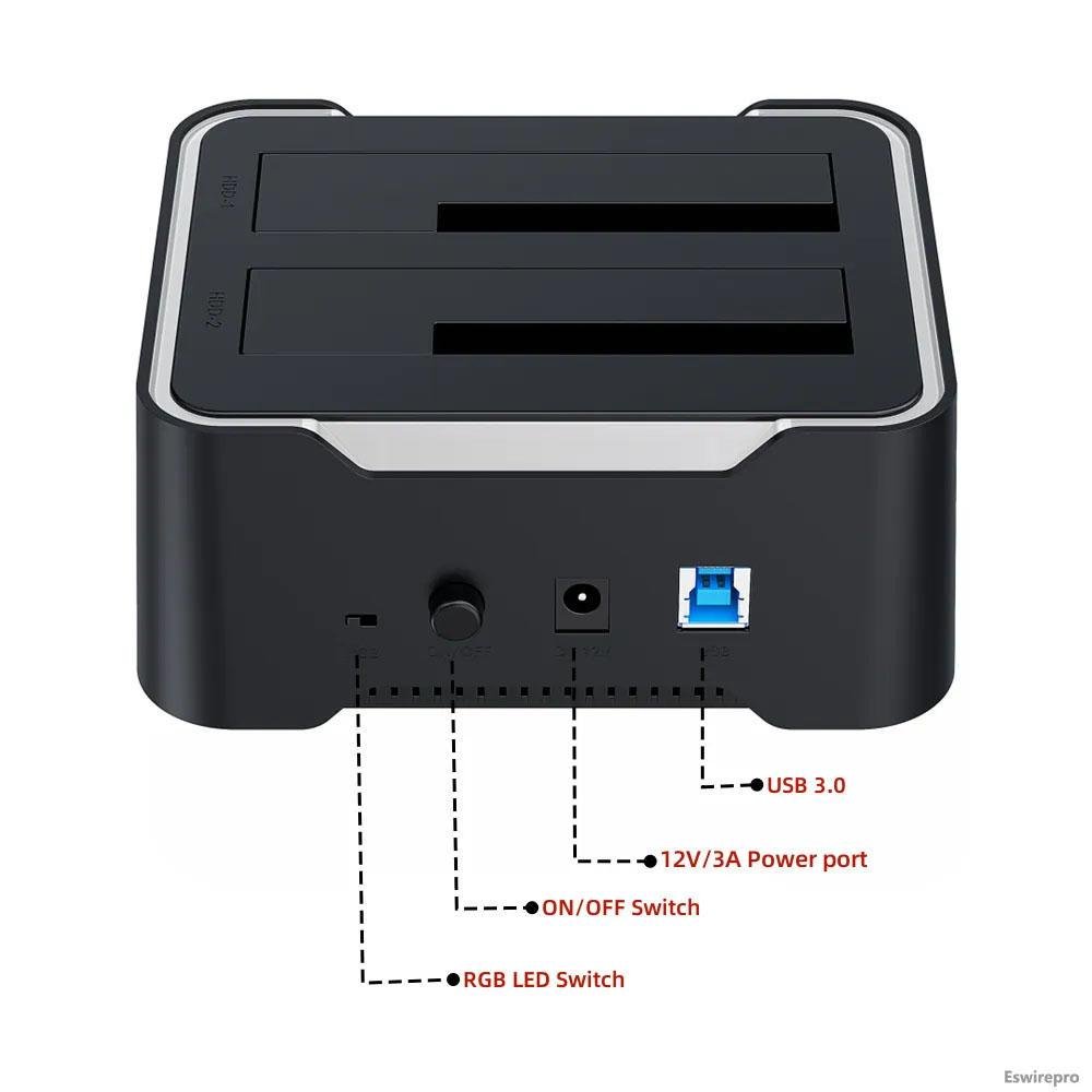 Sata Docking Station, Cópia Offline Hot Swap Double Slot 2x 18tb Hard Drive USB 3.0 Led RGB Sata Docking Station, Cópia Offline Hot Swap Double Slot 2x 18tb Hard Drive USB 3.0 Led RGB