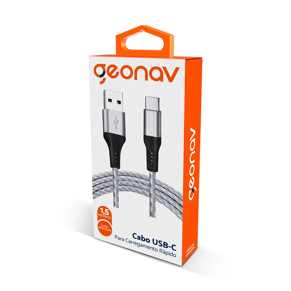 Imagem 2 de 5 do produto Cabo USB-C Geonav, Carregamento Rápido, Nylon Trançado, 1.5mt, Cinza/branco