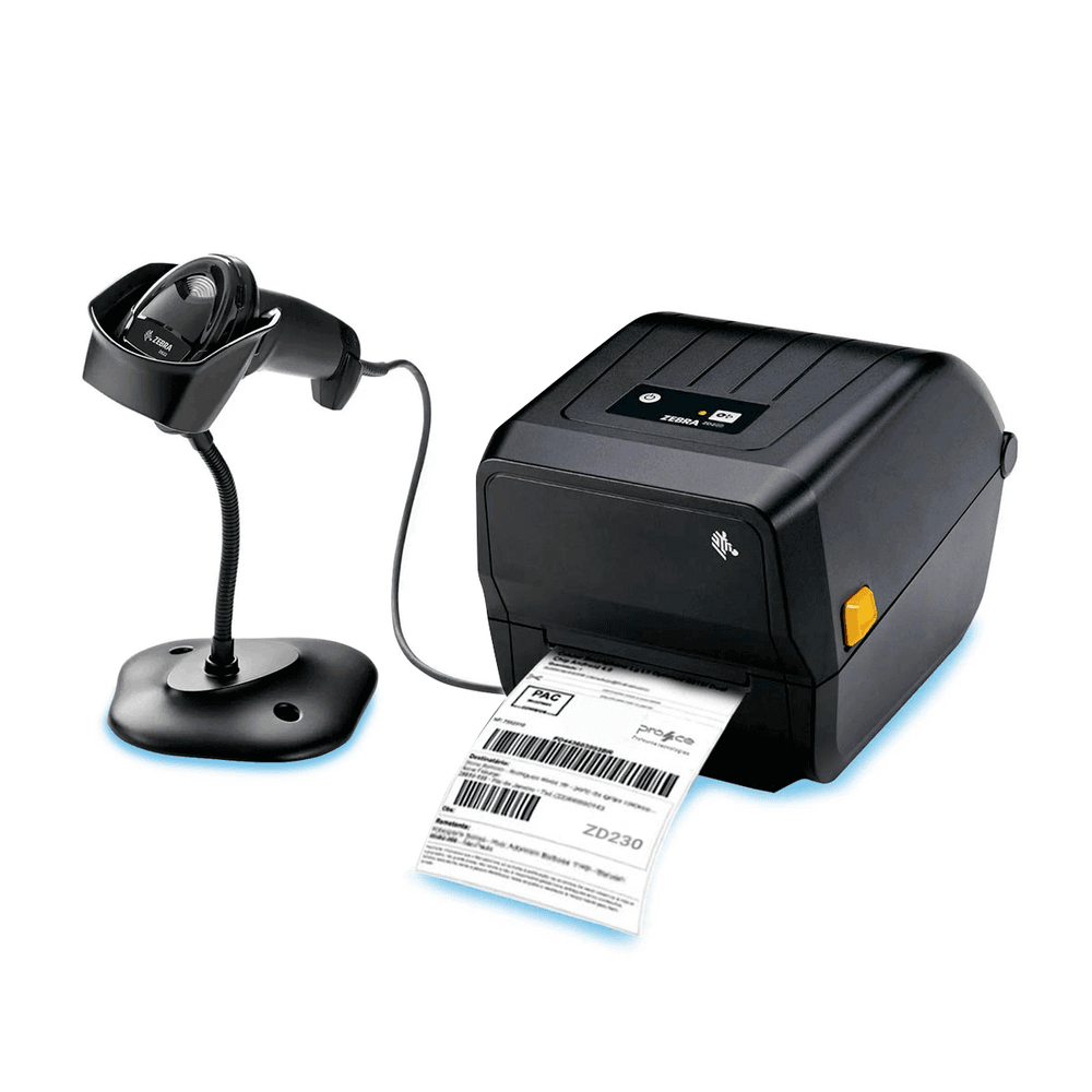 Imagem 1 de 5 do produto Kit Zebra Leitor Ds2208 C/ Suporte + Impressora Zd230, Ethernet