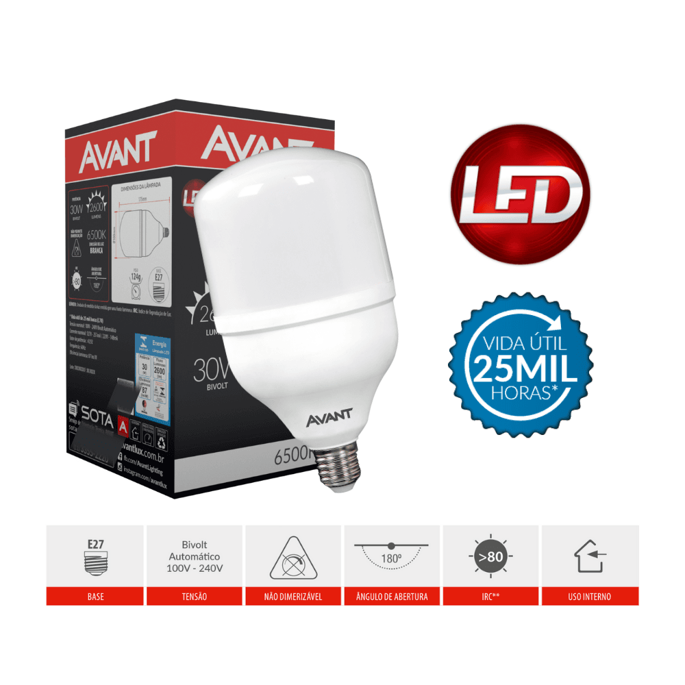 Imagem 2 de 3 do produto Lampada Bulbo Led 30w Avant,Alta Potência, Luz Branca, 6500k E27, Bivolt