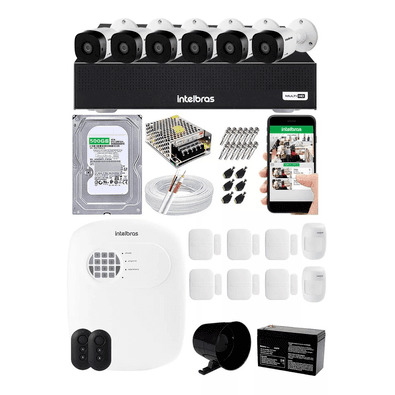 Kit Cftv 6 Câmeras Intelbras + Alarme Residencial + DVR stand alone, 8 canais mhdx