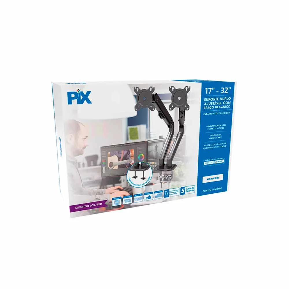 Imagem 3 de 5 do produto Suporte Monitor Ajustavel 17Polegadas A 32Polegadas Com Braço Mecanico (duplo) Px-25