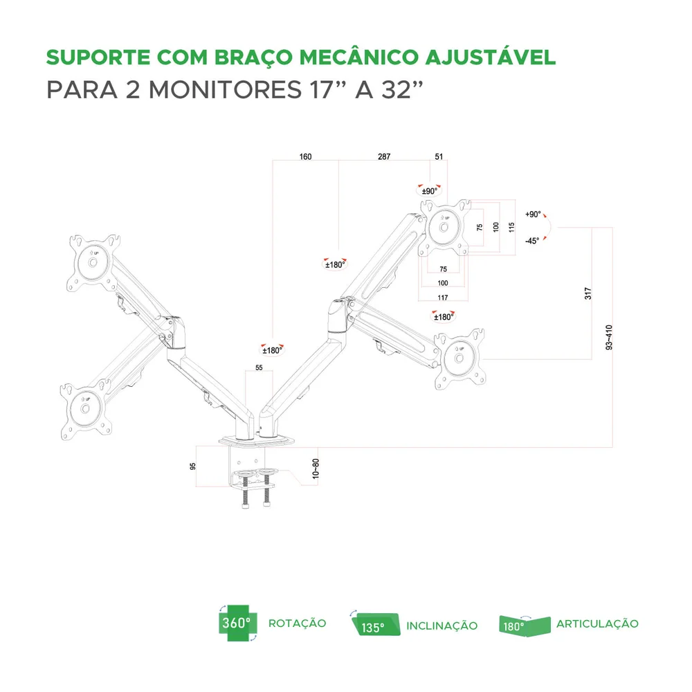 Imagem 4 de 5 do produto Suporte Monitor Ajustavel 17Polegadas A 32Polegadas Com Braço Mecanico (duplo) Px-25