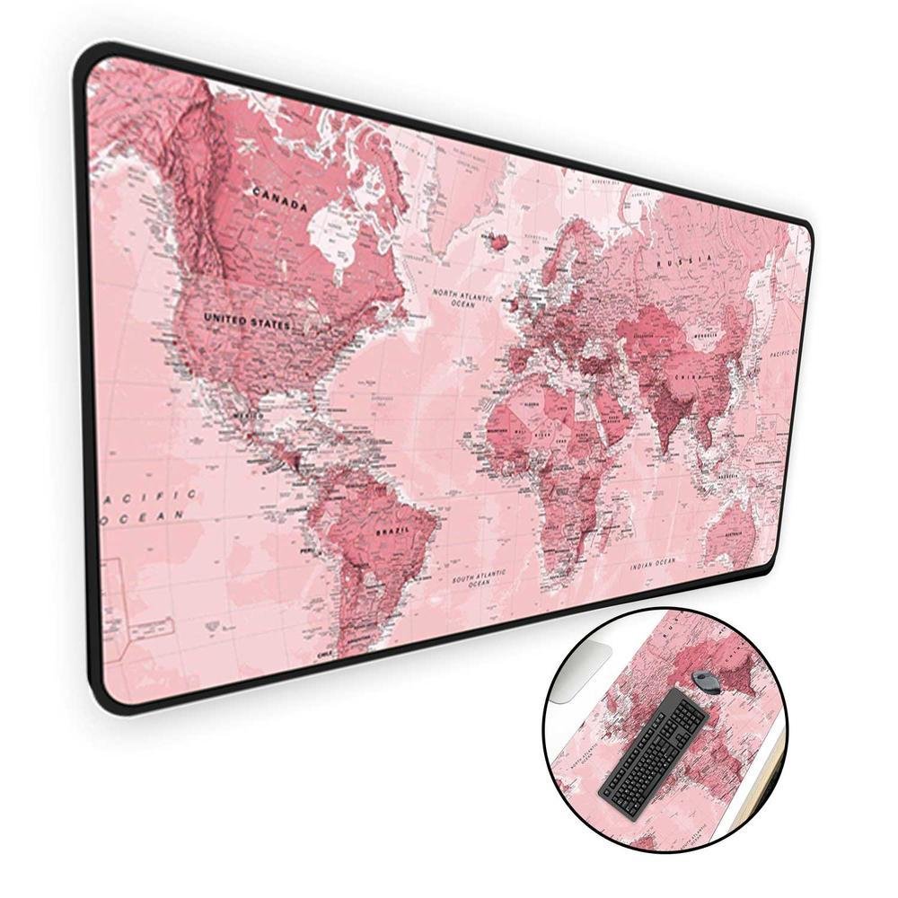Mouse Pad Gamer Speed, Extra Grande, Desk Pad Profissional Premium, Com Borda Costurada 70x35,Mapa Mundi, Rosa