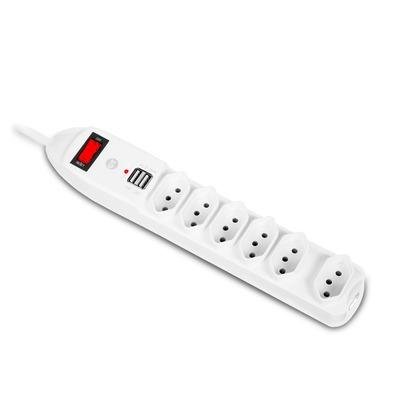 Extensão Múltipla, 6 Tomadas, 10a 2 USB, Com Proteção A Sobrecarga