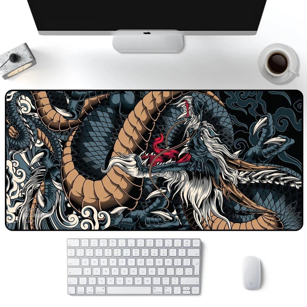 Mouse Pad Gamer Speed, Extra Grande, Desk Pad Profissional Premium, Com Borda Costurada 90x40,Dragão Azul