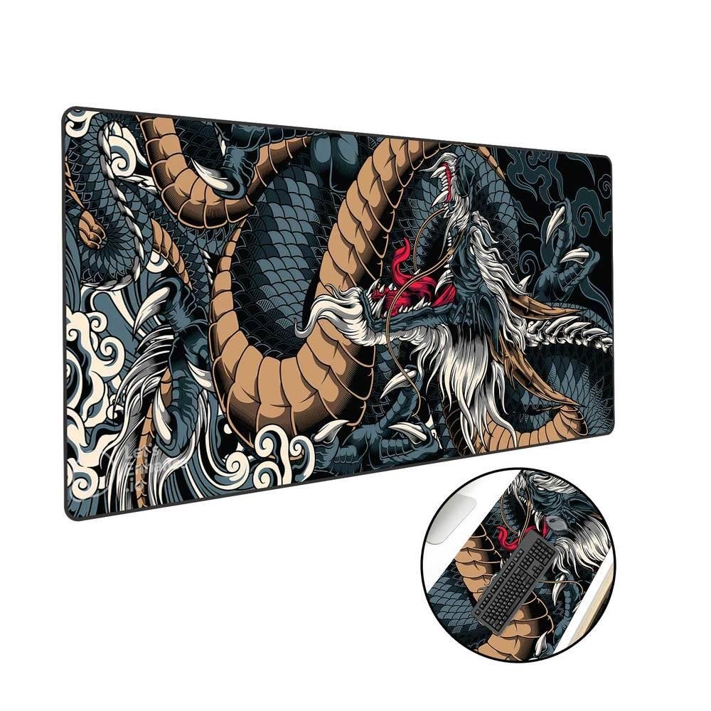 Mouse Pad Gamer Speed, Extra Grande, Desk Pad Profissional Premium, Com Borda Costurada 90x40,Dragão Azul