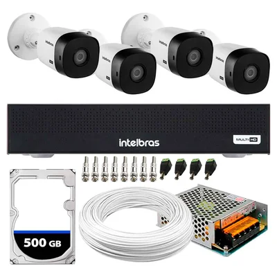 Kit 4 Câmeras Intelbras VHL 1220 B, FULL HD 1080P, Visão Noturna 20M, Proteção IP66 + DVR Gravador MHDX 1004-C 4 Canais + HD 500GB