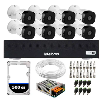 Kit 8 Câmeras Intelbras VHL 1220 B, FULL HD 1080P,  Visão Noturna 20M, Proteção IP66 + DVR Gravador MHDX 1008-C, 8 Canais + HD 500GB