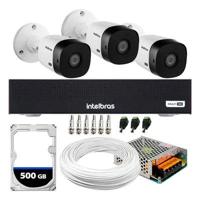 Kit 3 Câmeras Intelbras Vhl 1220 B, Full HD 1080p, Visão Noturna 20m, Proteção Ip66 + DVR Gravador Mhdx 1004-c 4 Canais + HD 500GB