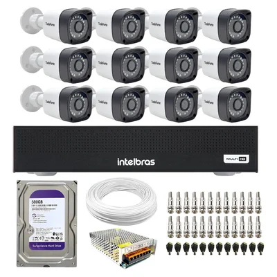 Kit 12 Câmeras Intelbras Tf 1220 B, Full Hd 1080p, Visão Noturna 20m, Proteção Ip66 + Dvr Gravador Intelbras Mhdx 3116-c 16 Canais + Hd 500gb