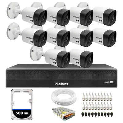 Kit 10 Câmeras Segurança Intelbras 1120B, DVR Intelbras 16 Canais + HD 500GB