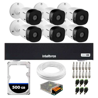 Kit 6 Câmeras Intelbras Vhl 1220 B, Full HD 1080p, Visão Noturna 20m, Proteção Ip66 + DVR Gravador Mhdx 1008-c 8 Canais + HD 500GB