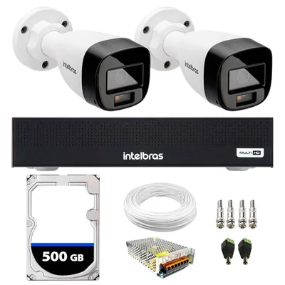Kit 2 Câmeras Intelbras VHD 1220B, G7 FULL Color Bullet, FULL HD 1080P, MULTI HD IR 20M + DVR Gravador De Vídeo Intelbras MHDX 3004-C + HD 500GB