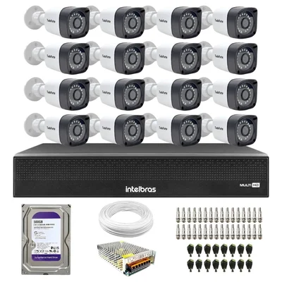 Kit 16 Câmeras Segurança Intelbras TF 1220B, FULL HD + DVR Intelbras 16 Canais + HD 500GB