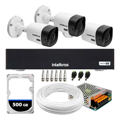 Kit 3 Câmeras Segurança Intelbras VHC 1120B, Visão Noturna 20M + DVR Intelbras, 4 Canais + HD 500GB