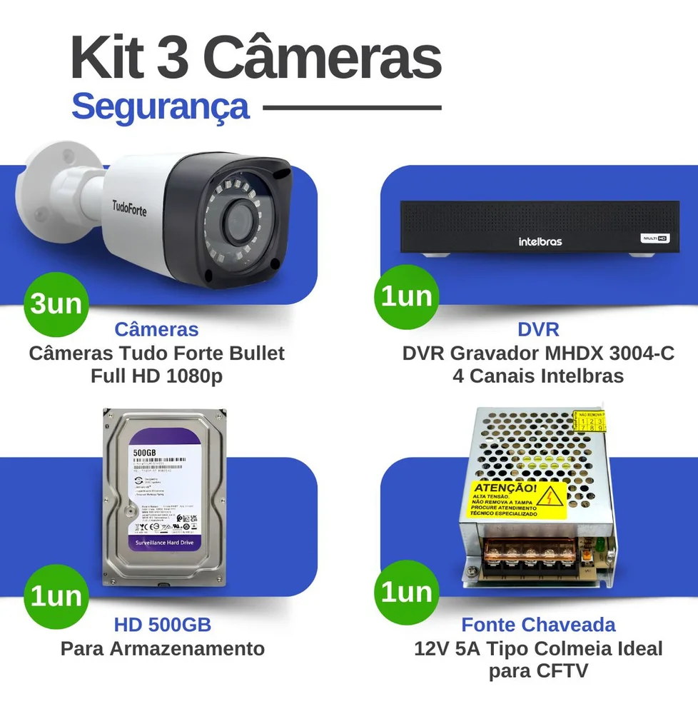 Imagem 4 de 5 do produto Kit 3 Câmeras Intelbras Tf1220b, Full Hd 1080p, Visão Noturna 20m, Proteção Ip66 + Dvr Gravador Intelbras Mhdx 3004-c, 4 Canais + Hd 500gb
