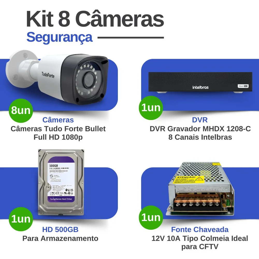 Imagem 5 de 5 do produto Kit 8 Câmeras Segurança Intelbras, FULL HD + DVR Intelbras, 8 Canais + HD 500GB