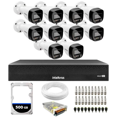 Kit 10 Câmeras Intelbras VHD 1220 B, G7 FULL Color Bullet, FULL HD 1080P, MULTI HD IR 20M + DVR Intelbras MHDX 3116-C, 16 Canais + HD 500GB