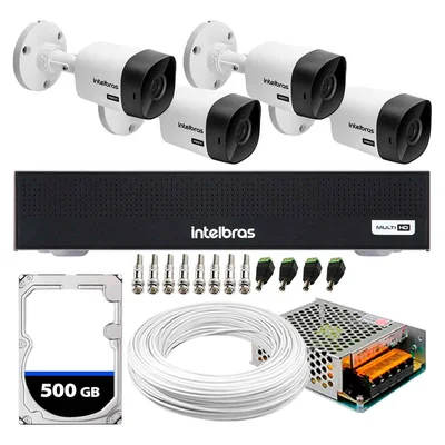 Kit 4 Câmeras Segurança Intelbras 1120B + DVR Intelbras, 4 Canais + HD 500GB