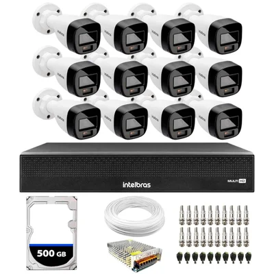 Kit 12 Câmeras Intelbras VHD 1220 B, G7 FULL Color Bullet, FULL HD 1080P, MULTI HD IR 20M + DVR Intelbras MHDX 3116-C, 16 Canais + HD 500GB