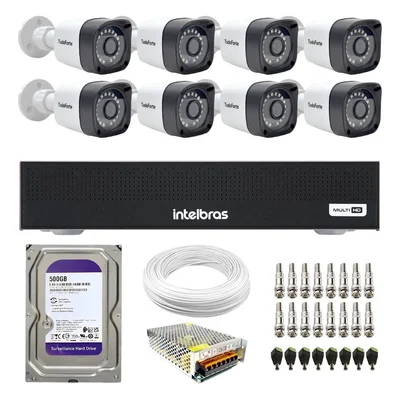 Kit 8 Câmeras Tudo Forte Tf 1220 B Full Hd 1080p Bullet, Com Visão Noturna 20m, Proteção Ip66 + Dvr Gravador Intelbras Mhdx 3008-c 8 Canais + Hd 500gb