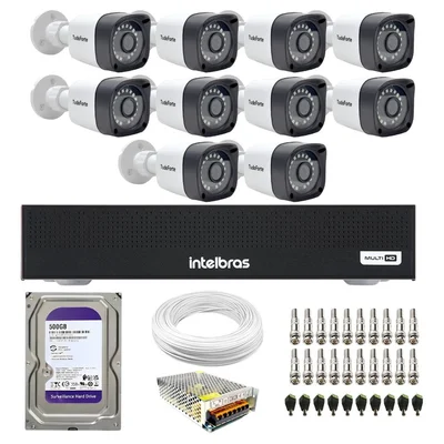 Kit 10 Câmeras Tudo Forte Tf 2020 B Full Hd 1080p Bullet Com Visão Noturna 20m Proteção Ip66 + Dvr Gravador Intelbras Mhdx 3116c 16 Canais + Hd 500gb