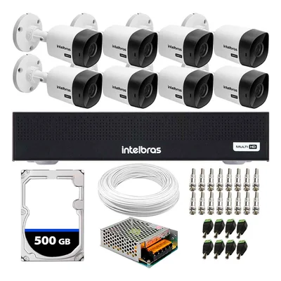 Kit 8 Câmeras Segurança Intelbras 1120B + DVR Intelbras, 8 Canais + HD 500GB