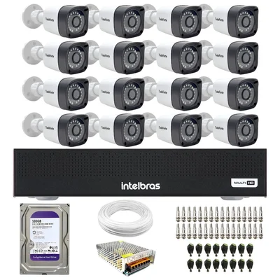 Kit 16 Câmeras Intelbras Tf 1220 B, Full Hd 1080p, Bullet Com Visão Noturna 20m, Proteção Ip66 + Dvr Gravador Intelbras Mhdx 3116-c, 16 Canais + Hd 500gb