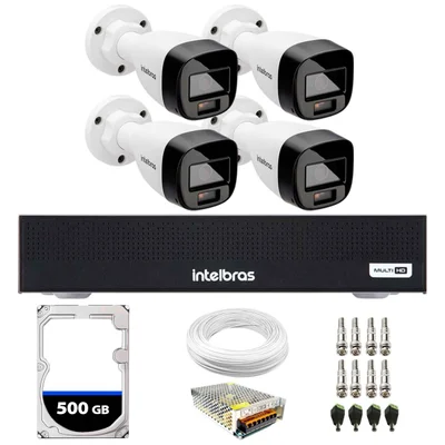 Kit 4 Câmeras Intelbras Vhd 1220 B G7, Full Color, Bullet, Full HD 1080p, Multi Hd Ir 20m + Dvr Gravador De Vídeo Intelbras Mhdx 3004-c + HD 500GB